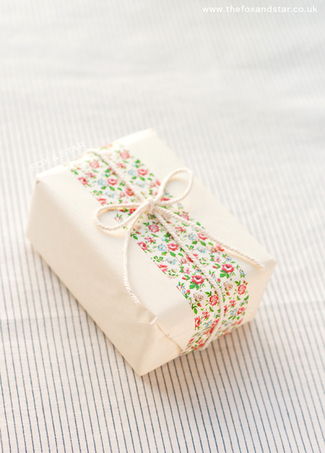 cute floral washi tape gift wrap tied up with string :: fox and star blog